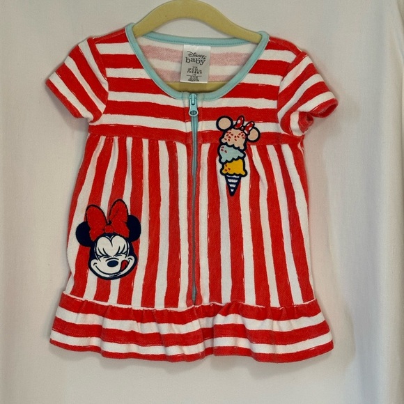 9-12Months Disney Baby Minnie Mouse Ice Cream Red Striped Beach Dress - Picture 1 of 6